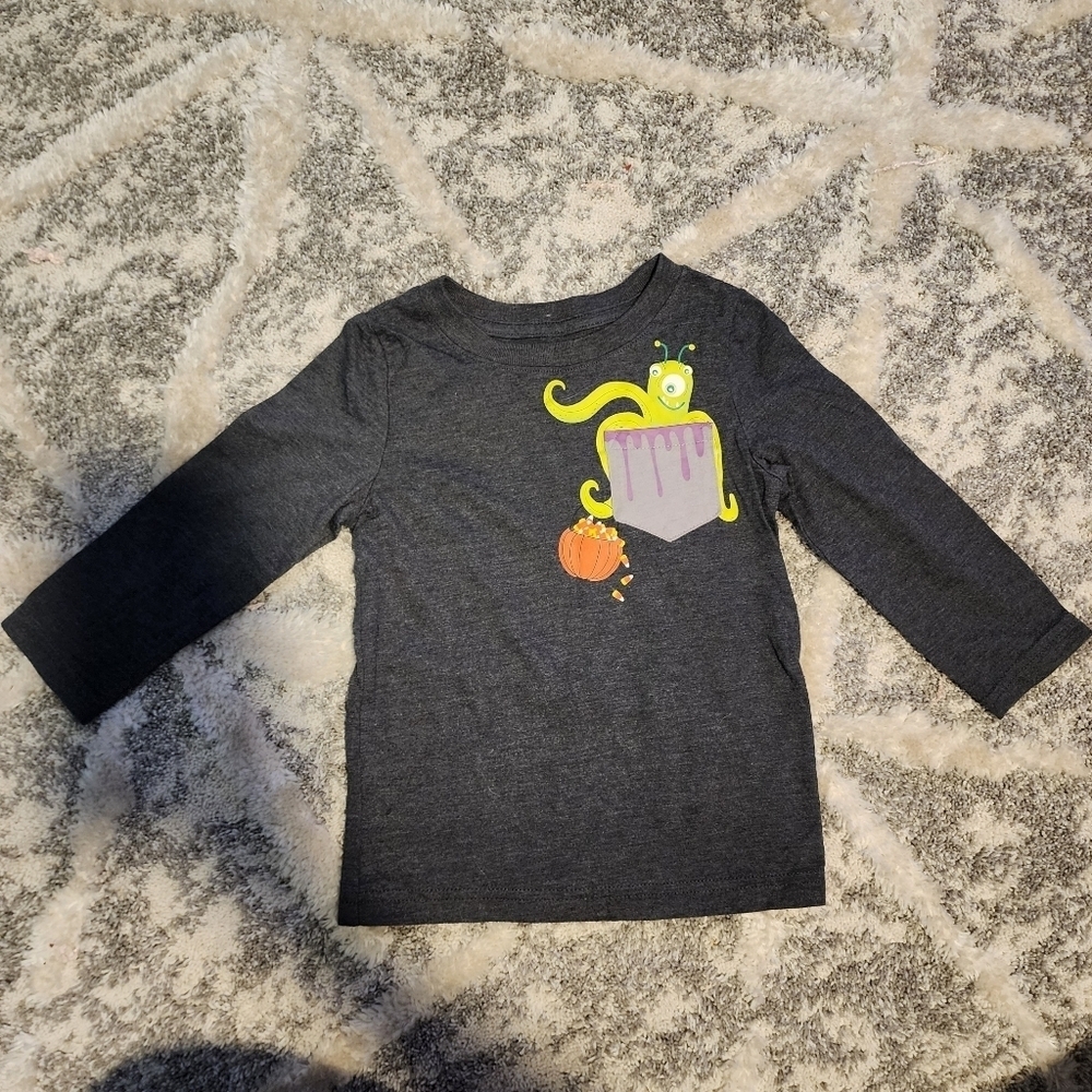 Cat & Jack Halloween Long Sleeve Shirt Boy's 2T Grey w/ Pocket Monster October